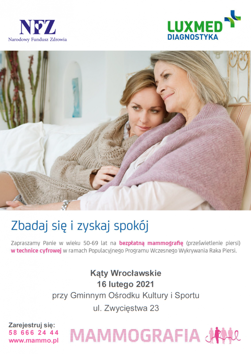 zdjęcie przedstawia dwie przytulone kobiety, starszą i młodszą, oraz mówi o badaniach mammograficznych w Kątach Wrocławskich w dniu 16 lutego 2021
